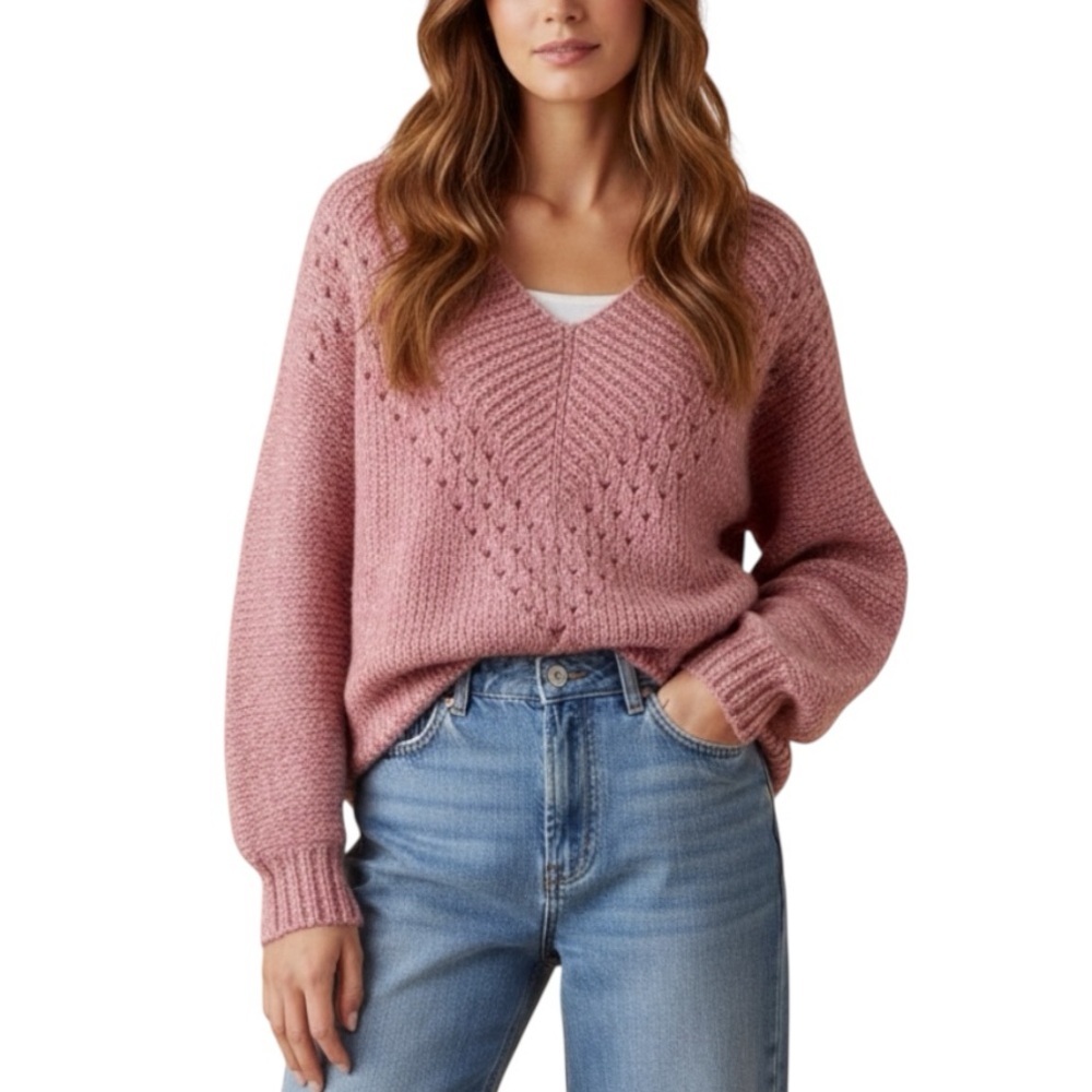 Cozy Pink V-Neck Eyelet Knit Pullover Sweater Size M/L Sweater